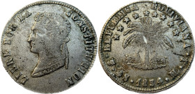 Moneda Republicana. Bolivia. 4 Soles. 1854. M.J. Potosí. Anv: Busto del Libertador Simón Bolívar mirando hacia la izquierda; BOLIVAR / LIBRE POR LA / ...