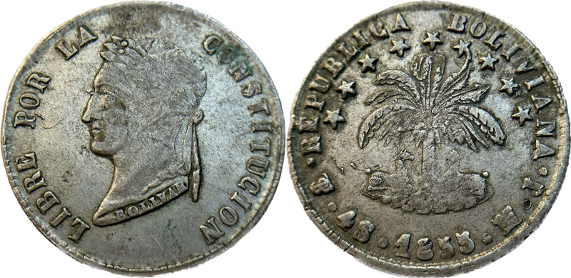 Moneda Republicana. Bolivia. 4 Soles. 1855. M.J. Potosí. Anv: Busto del Libertad...