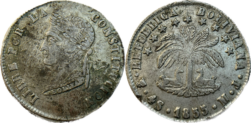 Moneda Republicana. Bolivia. 4 Soles. 1855. M.J. Potosí. Anv: Busto del Libertad...