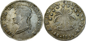 Moneda Republicana. Bolivia. 4 Soles. 1855. M.J. Potosí. Anv: Busto del Libertador Simón Bolívar mirando hacia la izquierda; BOLIVAR / LIBRE POR LA / ...