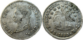 Moneda Republicana. Bolivia. 4 Soles. 1855. M.J. Potosí. Anv: Busto del Libertador Simón Bolívar mirando hacia la izquierda; BOLIVAR / LIBRE POR LA / ...
