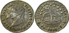 Moneda Republicana. Bolivia. 4 Soles. 1856. F.J. Potosí. Anv: Busto del Libertador Simón Bolívar mirando hacia la izquierda; BOLIVAR / LIBRE POR LA / ...