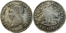 Moneda Republicana. Bolivia. 4 Soles. 1856. F.J. Potosí. Anv: Busto del Libertador Simón Bolívar mirando hacia la izquierda; BOLIVAR / LIBRE POR LA / ...