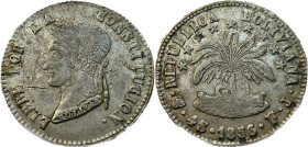 Moneda Republicana. Bolivia. 4 Soles. 1856. F.J. Potosí. Anv: Busto del Libertador Simón Bolívar mirando hacia la izquierda; BOLIVAR / LIBRE POR LA / ...