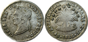Moneda Republicana. Bolivia. 4 Soles. 1856. F.J. Potosí. Anv: Busto del Libertador Simón Bolívar mirando hacia la izquierda; BOLIVAR / LIBRE POR LA / ...