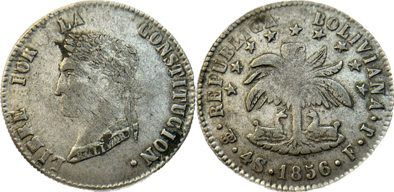 Moneda Republicana. Bolivia. 4 Soles. 1856. F.J. Potosí. Anv: Busto del Libertad...