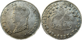 Moneda Republicana. Bolivia. 4 Soles. 1857. F.J. Potosí. Anv: Busto del Libertador Simón Bolívar mirando hacia la izquierda; BOLIVAR / LIBRE POR LA / ...