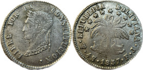 Moneda Republicana. Bolivia. 4 Soles. 1857. F.J. Potosí. Anv: Busto del Libertador Simón Bolívar mirando hacia la izquierda; BOLIVAR / LIBRE POR LA / ...
