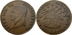 Moneda Republicana. Bolivia. 4 Soles. 1857. F.J. Potosí. Anv: Busto del Libertador Simón Bolívar mirando hacia la izquierda; BOLIVAR / LIBRE POR LA / ...