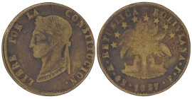 Moneda Republicana. Bolivia. 4 Soles. 1857. F.J. Potosí. Anv: Busto del Libertador Simón Bolívar mirando hacia la izquierda; BOLIVAR / LIBRE POR LA / ...