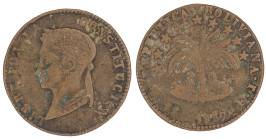 Moneda Republicana. Bolivia. 4 Soles. 1857. F.J. Potosí. Anv: Busto del Libertador Simón Bolívar mirando hacia la izquierda; BOLIVAR / LIBRE POR LA / ...
