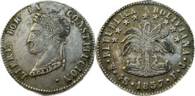 Moneda Republicana. Bolivia. 4 Soles. 1857. F.J. Potosí. Anv: Busto del Libertador Simón Bolívar mirando hacia la izquierda; BOLIVAR / LIBRE POR LA / ...