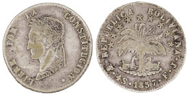 Moneda Republicana. Bolivia. 4 Soles. 1857. F.J. Potosí. Anv: Busto del Libertador Simón Bolívar mirando hacia la izquierda; BOLIVAR / LIBRE POR LA / ...