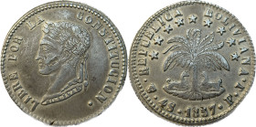 Moneda Republicana. Bolivia. 4 Soles. 1857. F.J. Potosí. Anv: Busto del Libertador Simón Bolívar mirando hacia la izquierda; BOLIVAR / LIBRE POR LA / ...