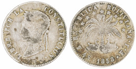 Moneda Republicana. Bolivia. 4 Soles. 1858. F.J. Potosí. Anv: Busto del Libertador Simón Bolívar mirando hacia la izquierda; BOLIVAR / LIBRE POR LA / ...