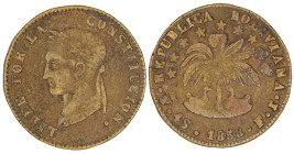 Moneda Republicana. Bolivia. 4 Soles. 1858. F.J. Potosí. Anv: Busto del Libertador Simón Bolívar mirando hacia la izquierda; BOLIVAR / LIBRE POR LA / ...