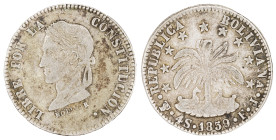 Moneda Republicana. Bolivia. 4 Soles. 1859. F.J. Potosí. Anv: Busto del Libertador Simón Bolívar mirando hacia la izquierda; BOLIVAR / LIBRE POR LA / ...