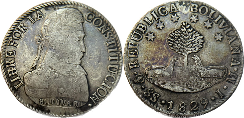 Moneda Republicana. Bolivia. 8 Soles. 1829. J.M. Potosí. Anv: Busto del Libertad...