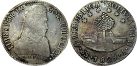 Moneda Republicana. Bolivia. 8 Soles. 1829. J.M. Potosí. Anv: Busto del Libertador Simón Bolívar mirando hacia la derecha; BOLIVAR / LIBRE POR LA / CO...