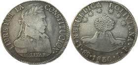 Moneda Republicana. Bolivia. 8 Soles. 1830. J.F. Potosí. Anv: Busto del Libertador Simón Bolívar mirando hacia la derecha; BOLIVAR / LIBRE POR LA / CO...