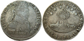 Moneda Republicana. Bolivia. 8 Soles. 1836. L.M. Potosí. Anv: Busto del Libertador Simón Bolívar mirando hacia la derecha; BOLIVAR / LIBRE POR LA / CO...