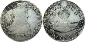 Moneda Republicana. Bolivia. 8 Soles. 1836. L.M. Potosí. Anv: Busto del Libertador Simón Bolívar mirando hacia la derecha; BOLIVAR / LIBRE POR LA / CO...