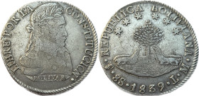 Moneda Republicana. Bolivia. 8 Soles. 1839. L.M. Potosí. Anv: Busto del Libertador Simón Bolívar mirando hacia la derecha; BOLIVAR / LIBRE POR LA / CO...