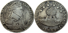 Moneda Republicana. Bolivia. 8 Soles. 1839. L.R. Potosí. Anv: Busto del Libertador Simón Bolívar mirando hacia la derecha; BOLIVAR / LIBRE POR LA / CO...