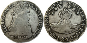 Moneda Republicana. Bolivia. 8 Soles. 1840. L.R. Potosí. Anv: Busto del Libertador Simón Bolívar mirando hacia la derecha; BOLIVAR / LIBRE POR LA / CO...