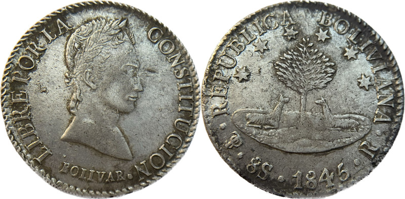 Moneda Republicana. Bolivia. 8 Soles. 1845. R. Potosí. Anv: Busto del Libertador...