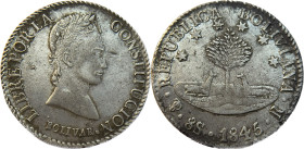 Moneda Republicana. Bolivia. 8 Soles. 1845. R. Potosí. Anv: Busto del Libertador Simón Bolívar mirando hacia la derecha; BOLIVAR / LIBRE POR LA / CONS...