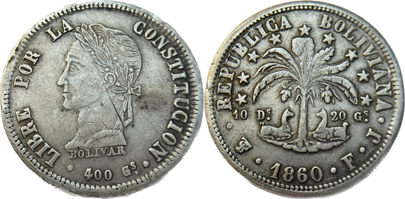 Moneda Republicana. Bolivia. 8 Soles. 1860. F.J. Potosí. Anv: Busto del Libertad...