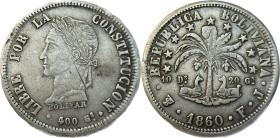 Moneda Republicana. Bolivia. 8 Soles. 1860. F.J. Potosí. Anv: Busto del Libertador Simón Bolívar mirando hacia la izquierda; BOLIVAR / LIBRE POR LA / ...