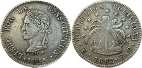 Moneda Republicana. Bolivia. 8 Soles. 1862. F.P. Potosí. Anv: Busto del Libertador Simón Bolívar mirando hacia la izquierda; BOLIVAR / LIBRE POR LA / ...