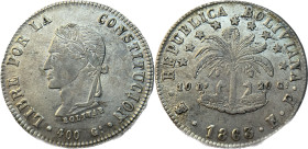 Moneda Republicana. Bolivia. 8 Soles. 1863. F.P. Potosí. Anv: Busto del Libertador Simón Bolívar mirando hacia la izquierda; BOLIVAR / LIBRE POR LA / ...