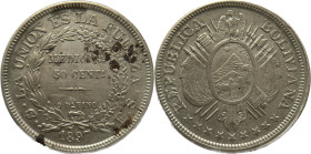 Moneda Republicana. Bolivia. ½ Boliviano – 50 Cent. 1897. E.S. Potosí. Anv: Escudo; REPUBLICA BOLIVIANA 1891 // Rev: MEDIO Bº 50 CENTs 9 Ds FINO dentr...