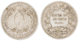 Moneda Republicana. Bolivia. ½ Boliviano – 50 Cent. 1897. C.B. Potosí. Anv: Escudo; REPUBLICA BOLIVIANA 1891 // Rev: MEDIO Bº 50 CENTs 9 Ds FINO dentr...