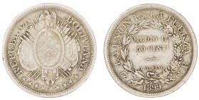 Moneda Republicana. Bolivia. ½ Boliviano – 50 Cent.. 1899. C.B. Potosí. Anv: Escudo; REPUBLICA BOLIVIANA 1891 // Rev: MEDIO Bº 50 CENTs 9 Ds FINO dent...