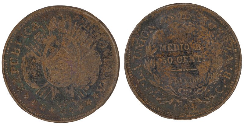 Moneda Republicana. Bolivia. ½ Boliviano – 50 Cent.. 1899. C.B. Potosí. Anv: Esc...