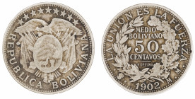 Moneda Republicana. Bolivia. ½ Boliviano – 50 Cent. 1902. M.M. Potosí. Anv: Escudo y estrellas; REPUBLICA BOLIVIANA // Rev: MEDIO BOLIVIANO 50 CENTAVO...