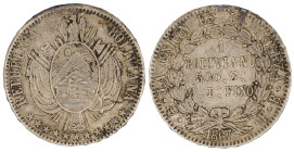 Moneda Republicana. Bolivia. 1 Boliviano. 1867. F.E. Potosí. Anv: Escudo y estrellas; REPUBLICA BOLIVIANA // Rev: 1 BOLIVIANO 500 Gs 9 Ds FINO dentro ...