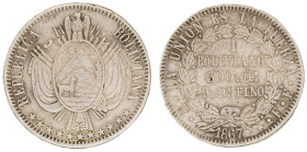 Moneda Republicana. Bolivia. 1 Boliviano. 1867. F.E. Potosí. Anv: Escudo y estrellas; REPUBLICA BOLIVIANA // Rev: 1 BOLIVIANO 500 Gs 9 Ds FINO dentro ...