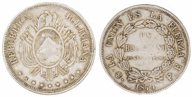 Moneda Republicana. Bolivia. 1 Boliviano. 1874. F.E. Potosí. Anv: Escudo y estrellas; REPUBLICA BOLIVIANA // Rev: UN BOLIVIANO 25 Gs 9 Ds FINO dentro ...