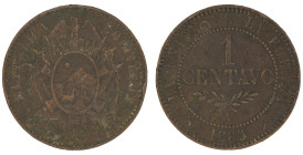 Moneda Republicana. Bolivia. 1 Centavo. 1883. A. Potosí. Anv: Escudo y estrellas; REPUBLICA BOLIVIANA // Rev: 1 CENTAVO; LA UNION ES LA FUERZA 1883. C...