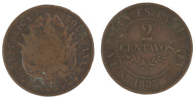 Moneda Republicana. Bolivia. 2 Centavos. 1883. A. Potosí. Anv: Escudo y estrellas; REPUBLICA BOLIVIANA // Rev: 2 CENTAVOS; LA UNION ES LA FUERZA 1883....