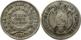 Moneda Republicana. Bolivia. 5 Centavos. 1871. E.B. Potosí. Anv: Escudo y estrellas; REPUBLICA BOLIVIANA // Rev: CINCO CENTs 9 Ds FINO dentro de coron...