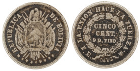 Moneda Republicana. Bolivia. 5 Centavos. 1872. F,E. Potosí. Anv: Escudo y estrellas; REPUBLICA BOLIVIANA // Rev: CINCO CENTs 9 Ds FINO dentro de coron...