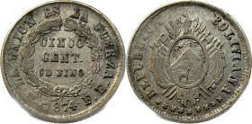 Moneda Republicana. Bolivia. 5 Centavos. 1874. F.E. Potosí. Anv: Escudo y estrellas; REPUBLICA BOLIVIANA // Rev: CINCO CENTs 9 Ds FINO dentro de coron...