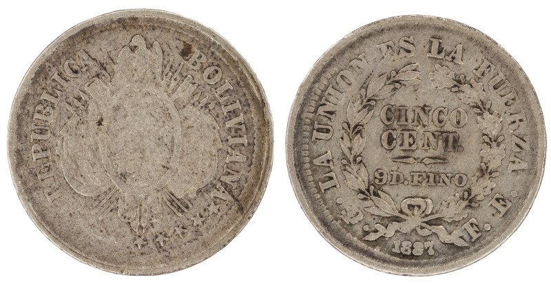 Moneda Republicana. Bolivia. 5 Centavos. 1887. F.E. Potosí. Anv: Escudo y estrel...