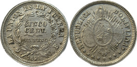 Moneda Republicana. Bolivia. 5 Centavos. 1891. C.B. Potosí. Anv: Escudo y estrellas; REPUBLICA BOLIVIANA // Rev: CINCO CENTs 9 Ds FINO dentro de coron...